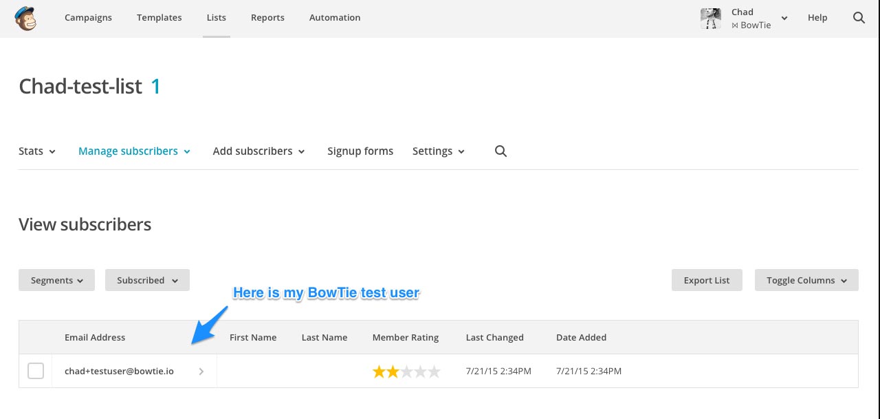 BowTie user displaying in MailChimp