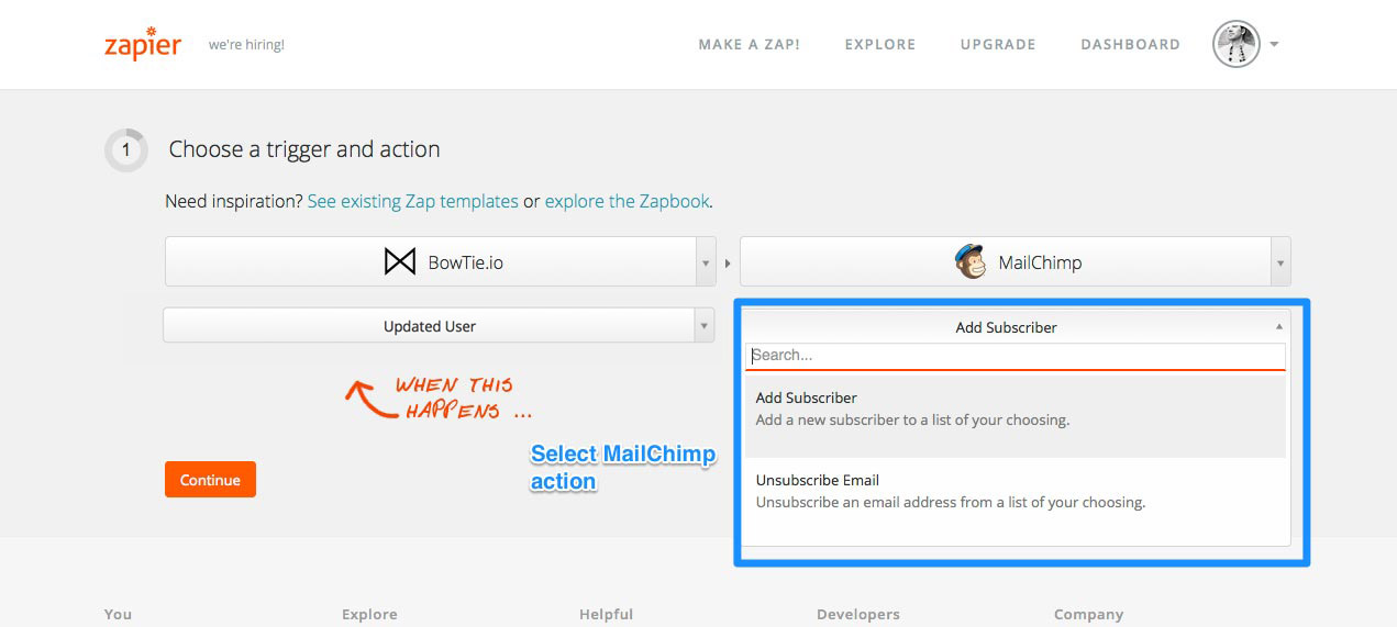 Select MailChimp Action